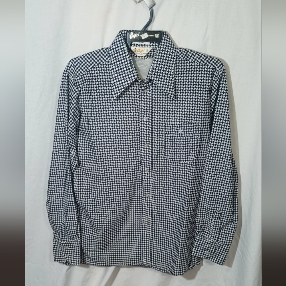 VTG 70'S Capri David Langman Poly Button Down Shirt Houndstooth NOS Deadstock XL